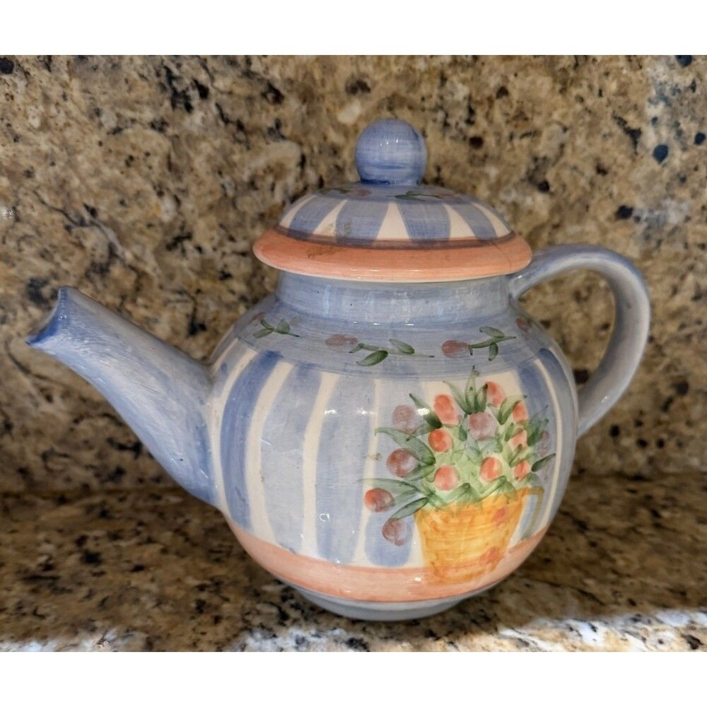 Vintage Pat Wade Design 1993 Hand Painted Ceramic Teapot Floral Philippines Lid